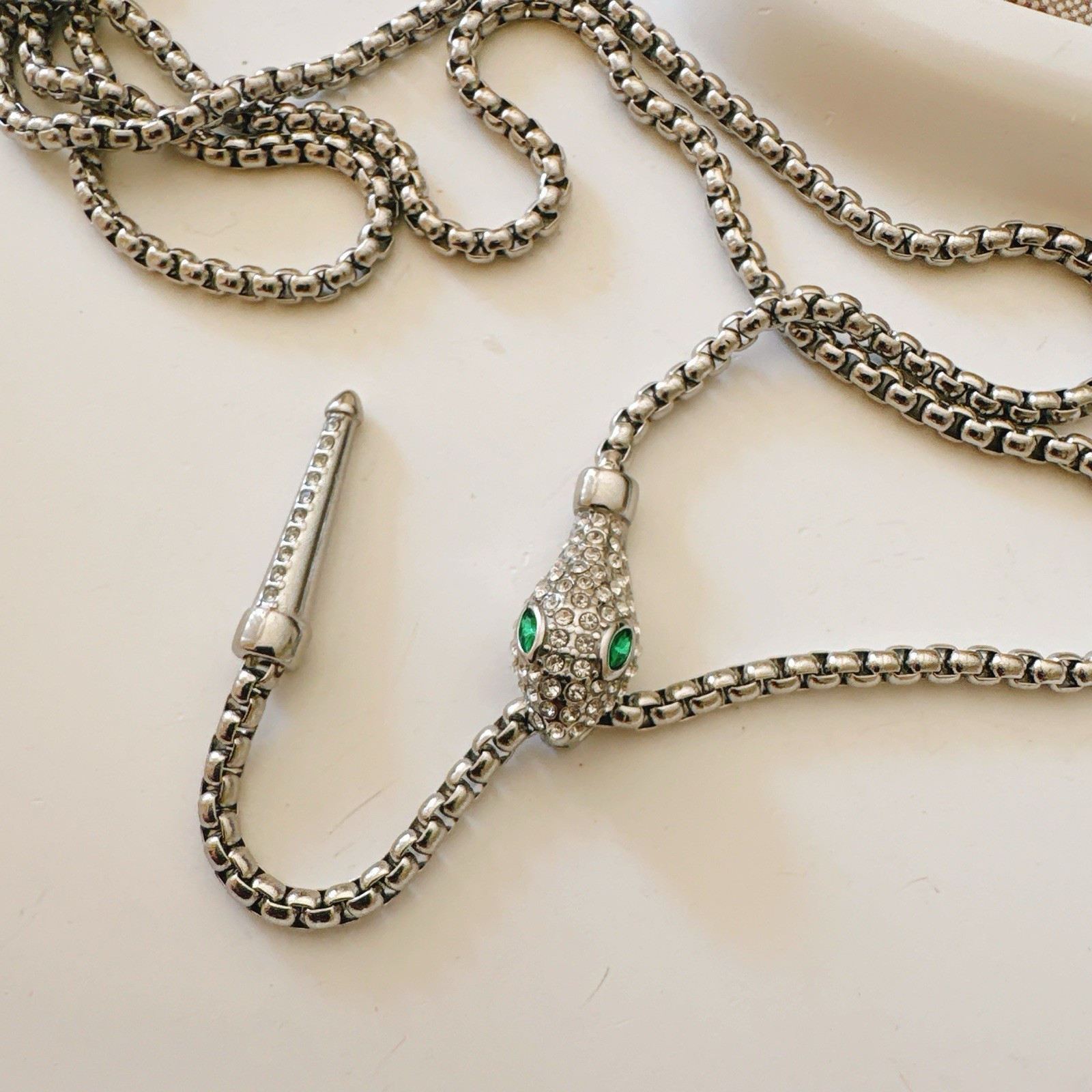 Silver Tone Snake Lariat Necklace 65cm Stainless Steel 18K White Gold Plated CZ