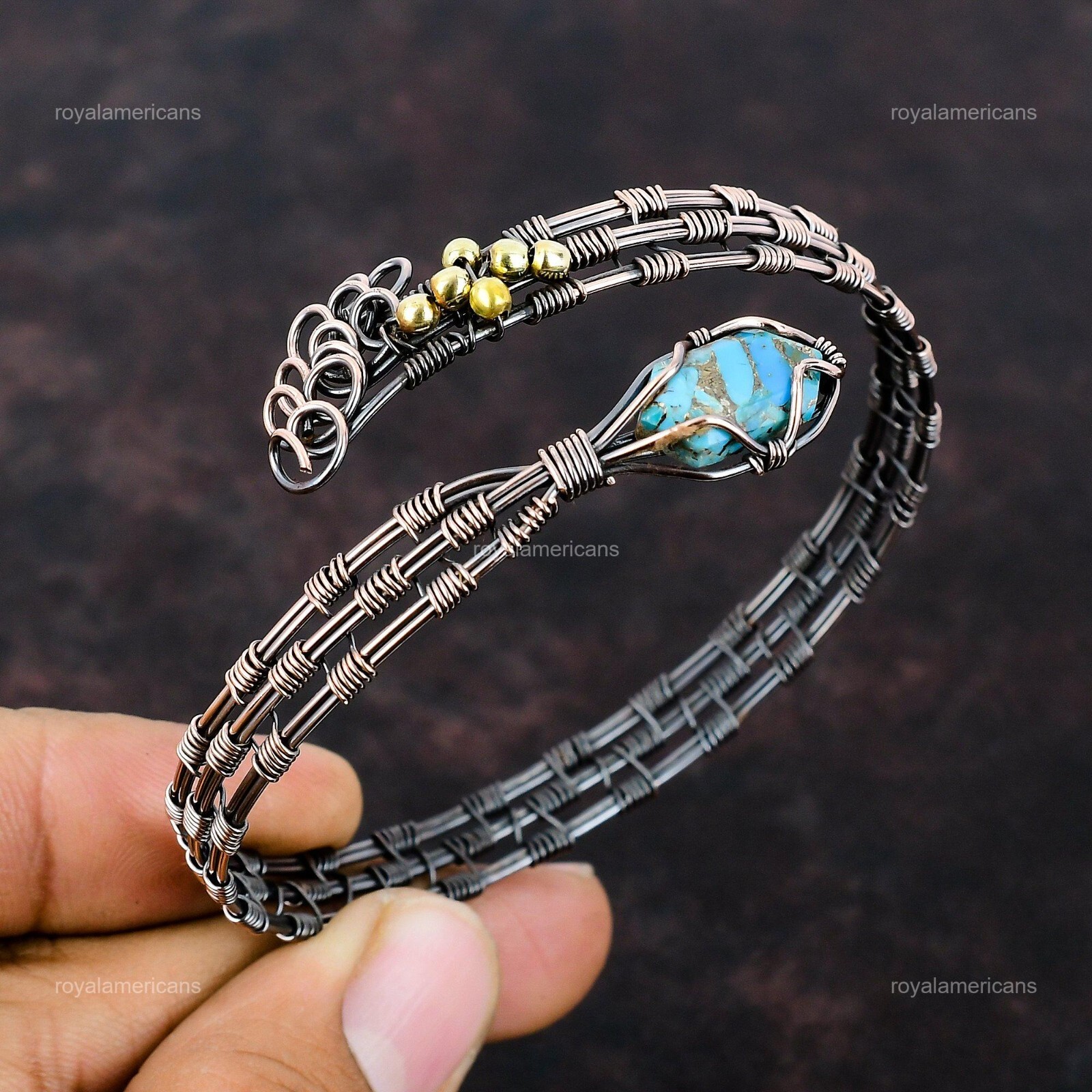 Blue Turquoise Wire Wrapped Adjustable Cuff Handcrafted Copper Designer Jewelry