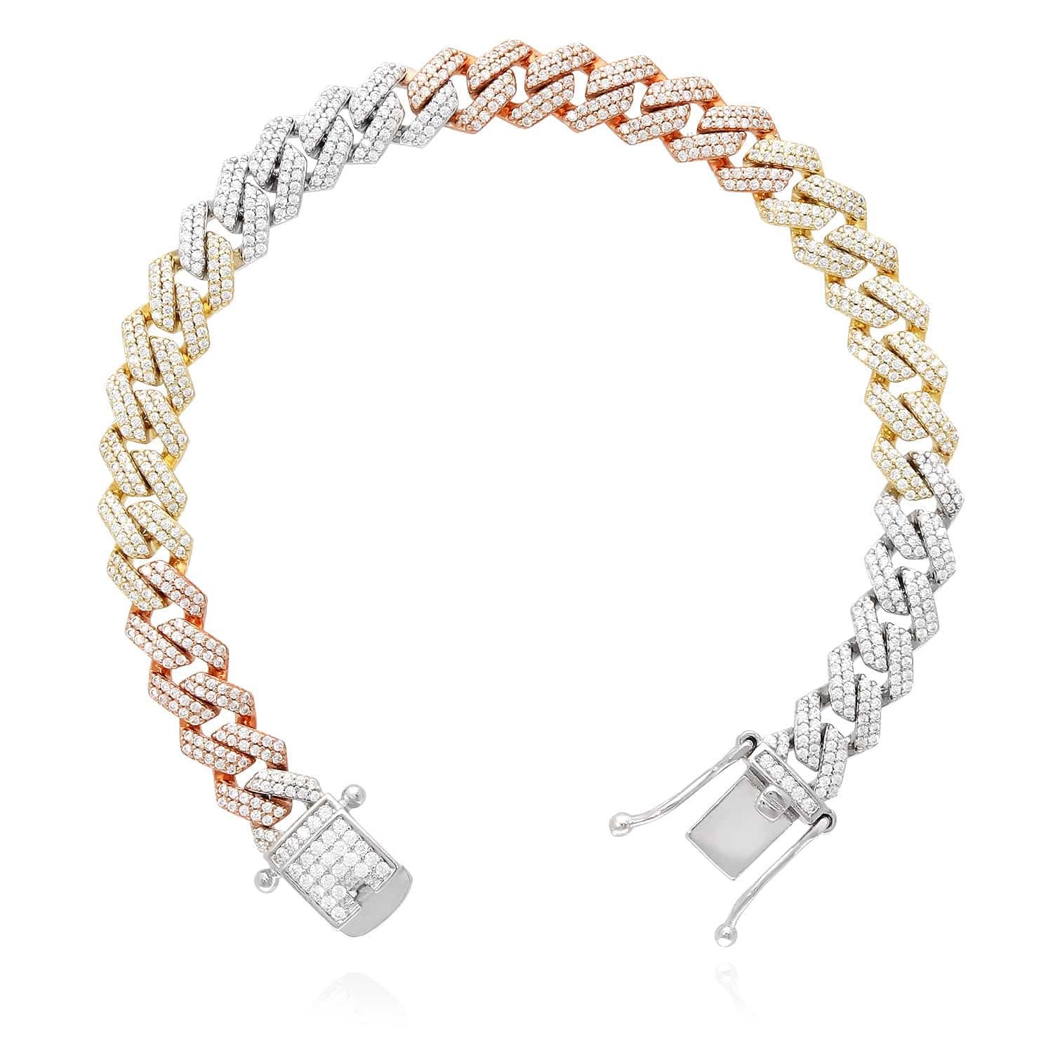 Tri-Color Gold Over Silver 8.5mm Miami Cuban CZ Bracelet (Solid Links) 7″-9″