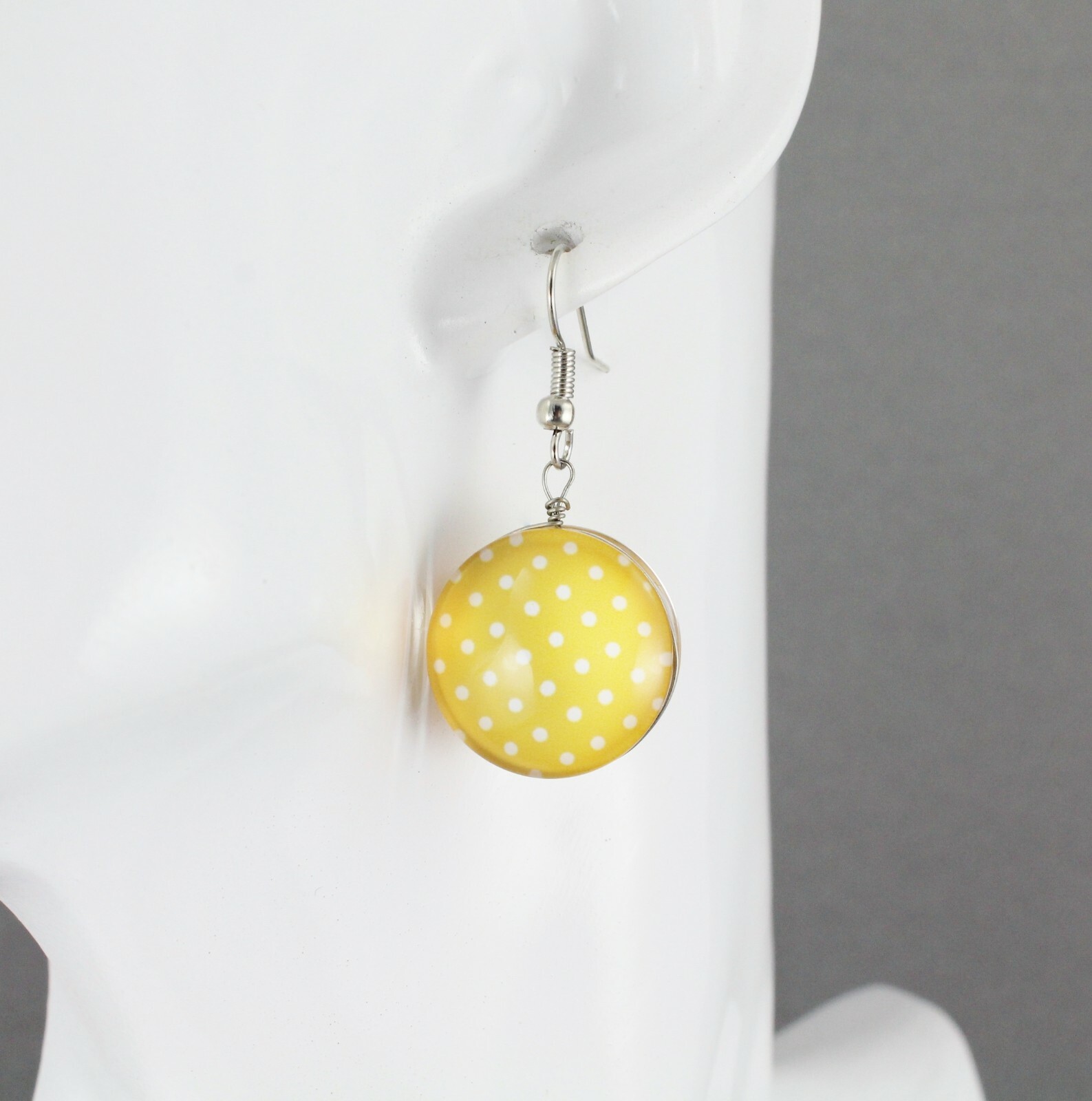 Yellow earrings polka dot dangle jewelry 1 5/8″ long medallion white dots