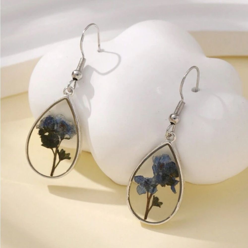 Dried Flower Pressed Resin Forget Me Not Drop Earrings 925 Sterling Silver