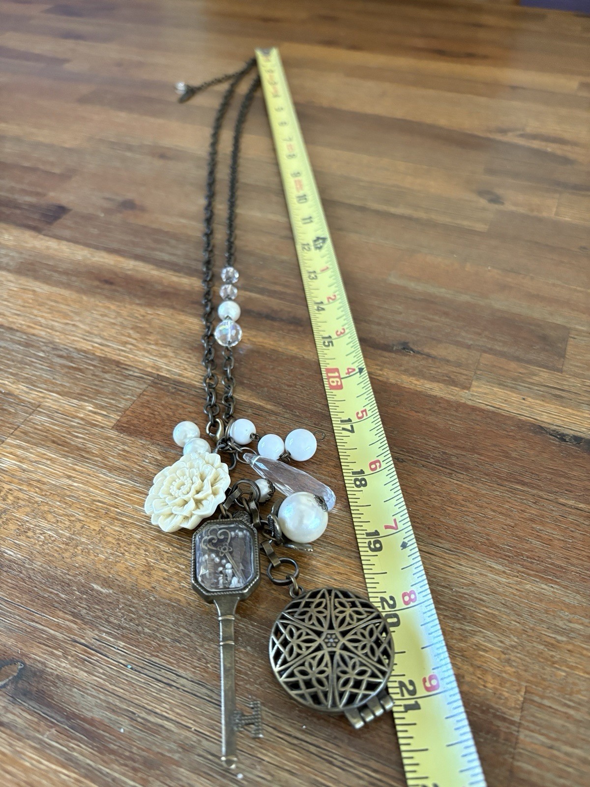 Plunder Statement Charm Necklace Key Locket Flower Faux Pearl + Floral Choker