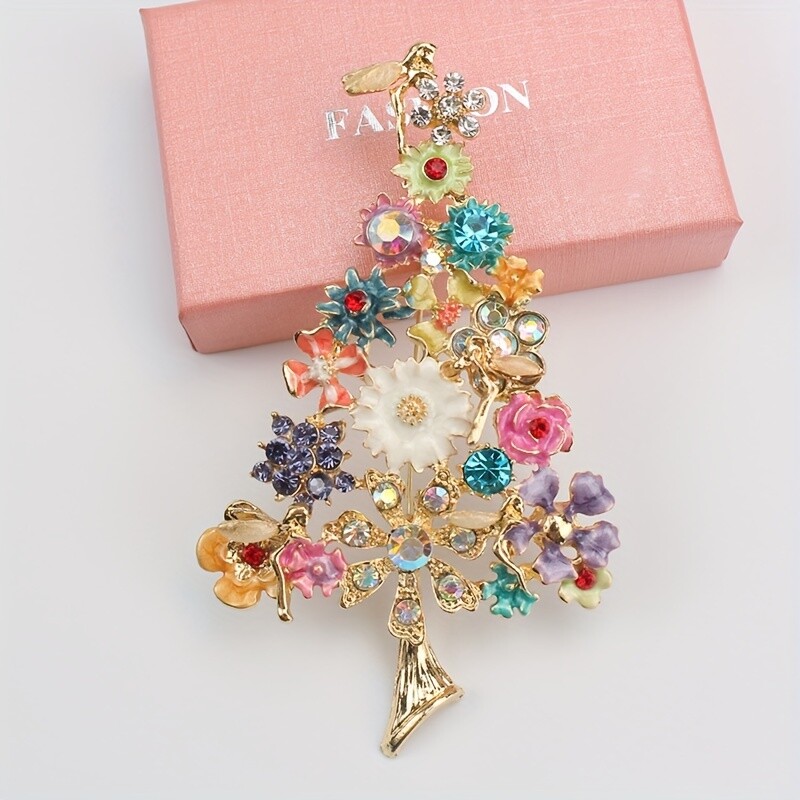 Colorful Christmas Tree Brooch with Rhinestone Corsage Accessory for Women