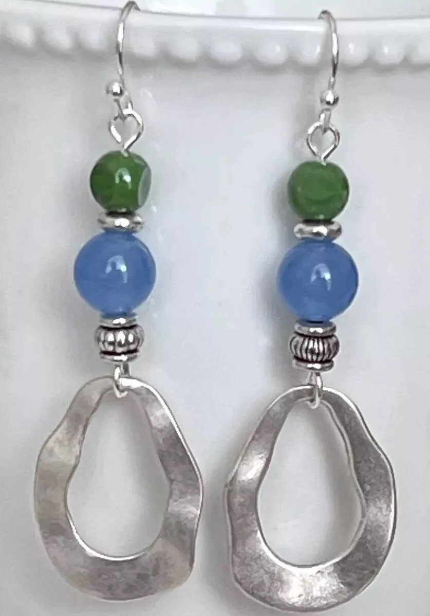 Silver, Blue & Green Glass Bead Dangle Earrings. Bohemian.
