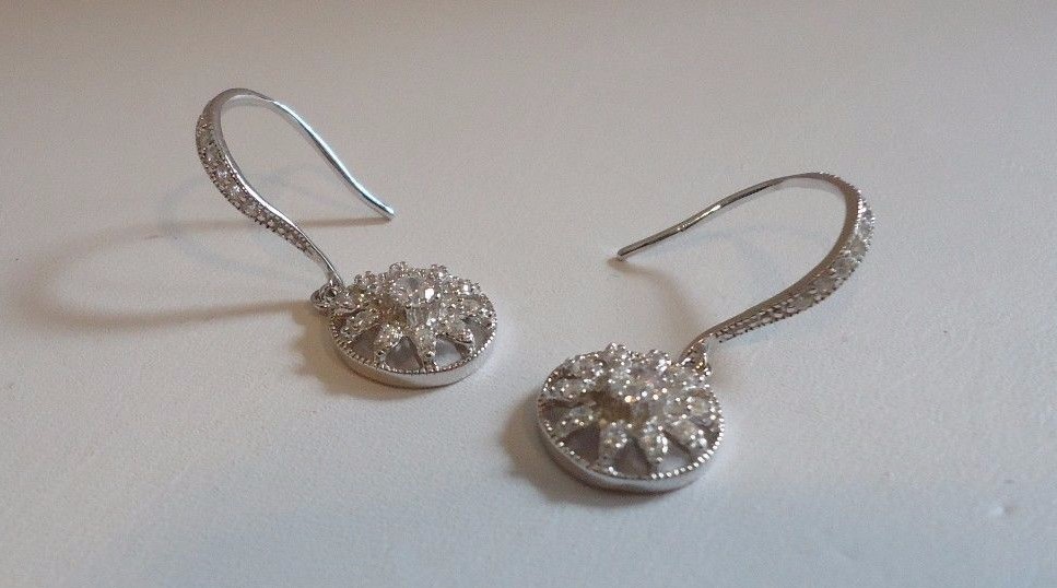 STERLING SILVER DROP/DANGLE EARRINGS .60 CT LAB CREATED DIAMONDS/ NEW DESIGN!