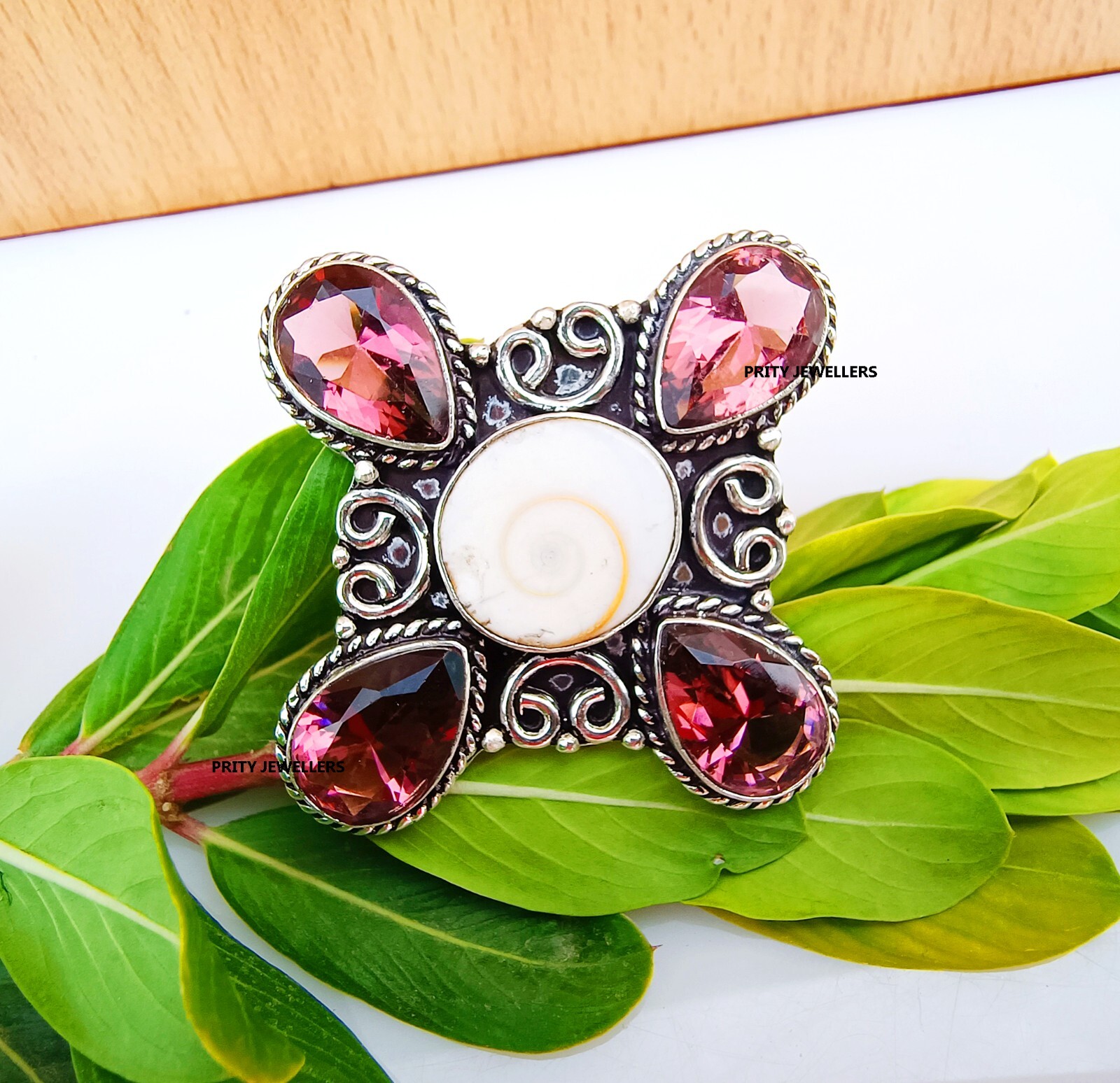 Natural Shiva Eye With Pink Tourmaline Silver Plated Ring, All Size Available