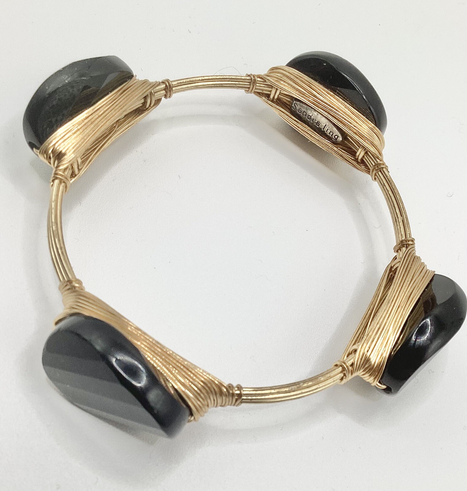 Sandra Ling Gold Tone Wire Wrap Bracelet With Unusual Black Acrylic Stone Design