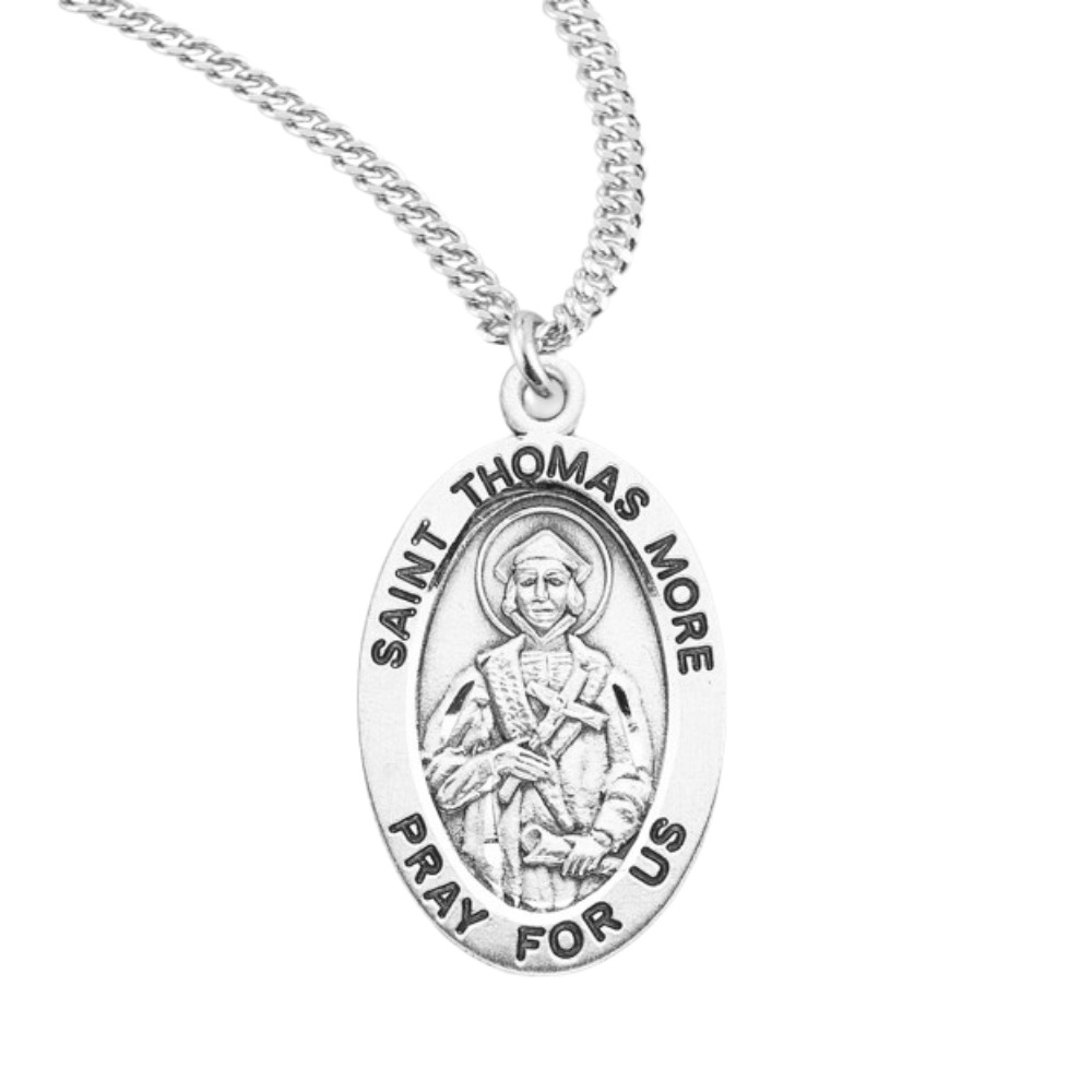 Patron Saint Thomas More Oval Sterling Silver Medal Pendant Necklace, 20″ Chain
