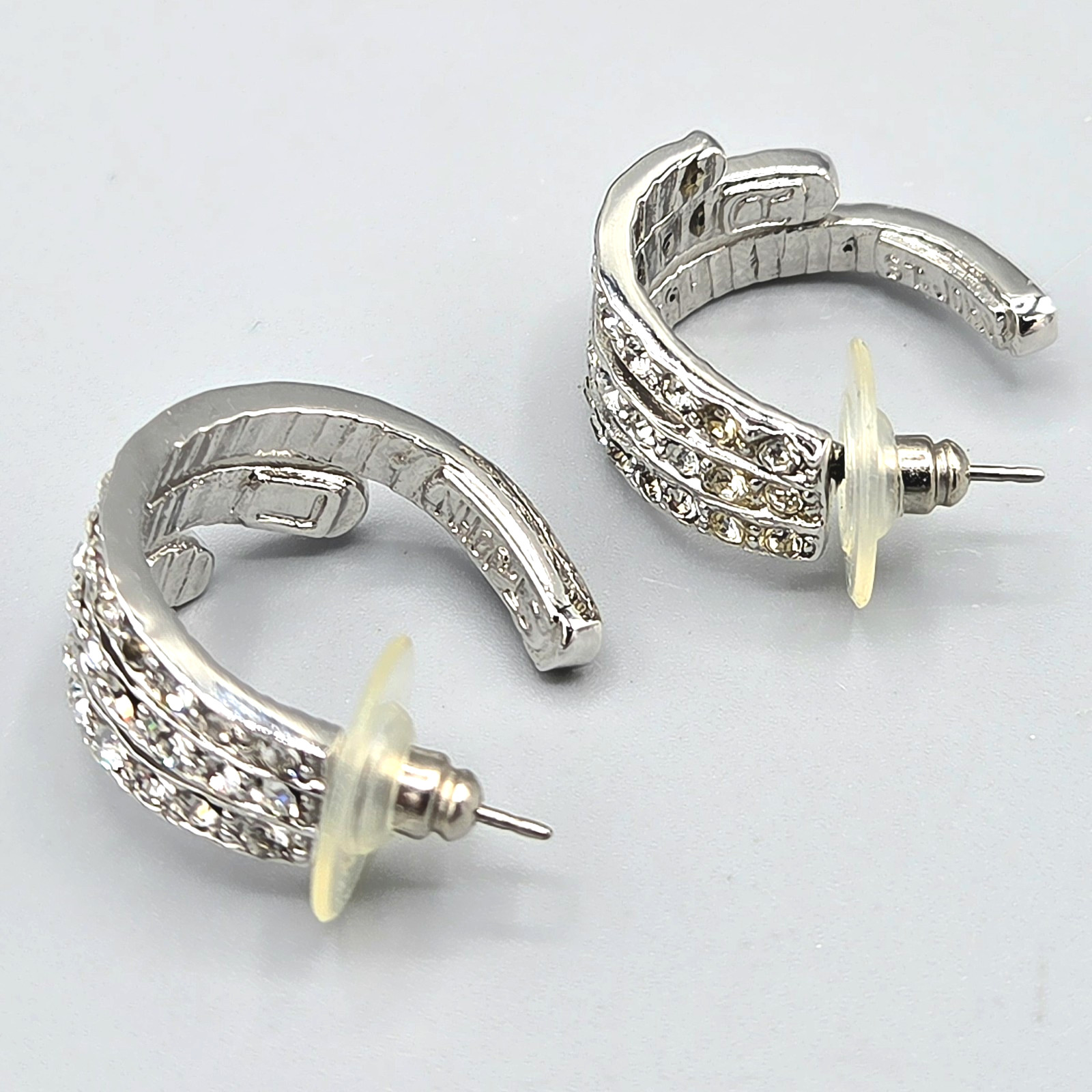 St. John Crystal Pave Rhodium Plate Triple Huggie Hoop Post Earrings