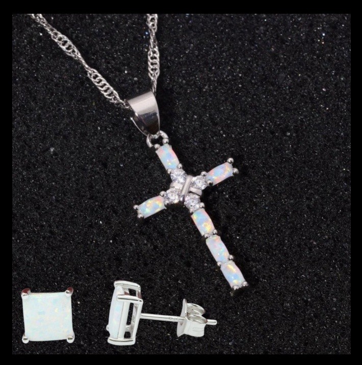 Beautiful White Fire Opal CZ Cross Necklace & 925SS Square Stud Earrings Set