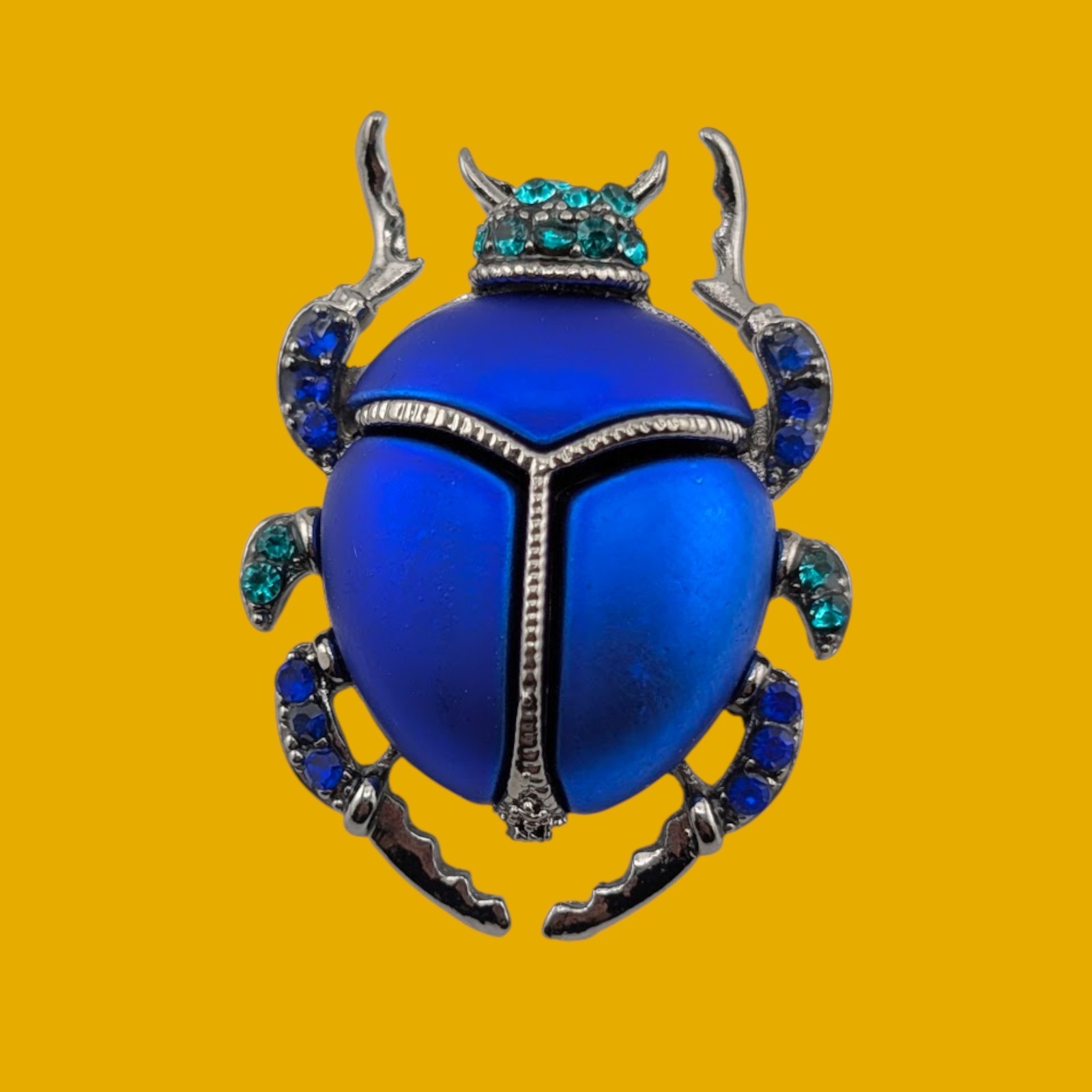 IRIDESCENT BLUE GLASS SCARAB BEETLE BROOCH pin Egyptian Ra insect bug R1