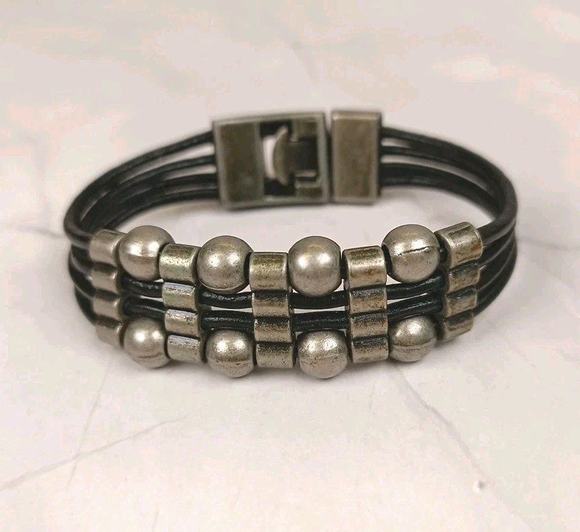 Unisex 4 Stranded Cord & Metal Beaded Bracelet Black & Gun Metal Grey 7.5″ VGC