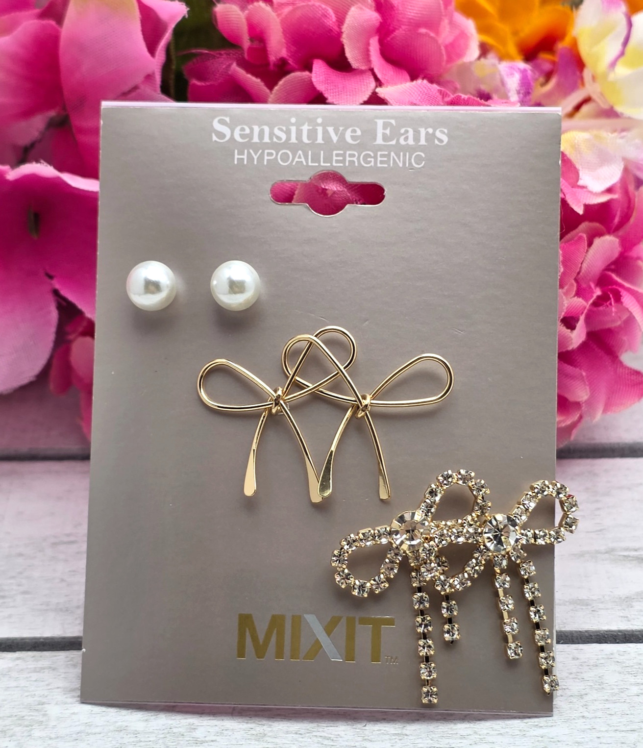 Mixit Sensitive Ears Earring Set Pearl Stud Bow Rhinestone Gold Tone 3 Pair