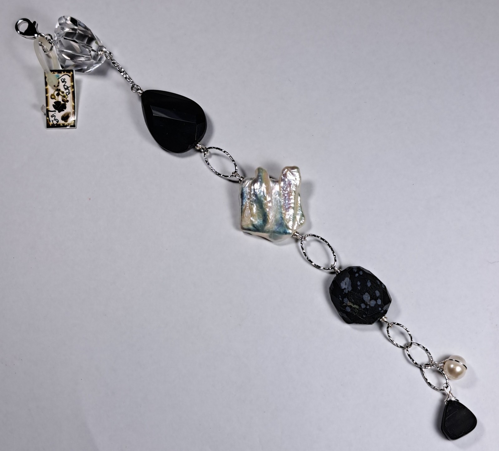 SANDRA LING Chunky Stones & Biwa Pearl Black & White & Silver Link Bracelet NEW