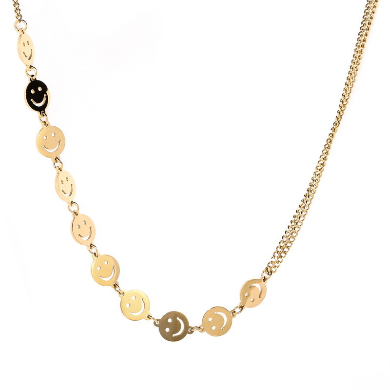 Woman 18K Gold Plated Real Stainless Steel Smile Two Layers Chain Choker
