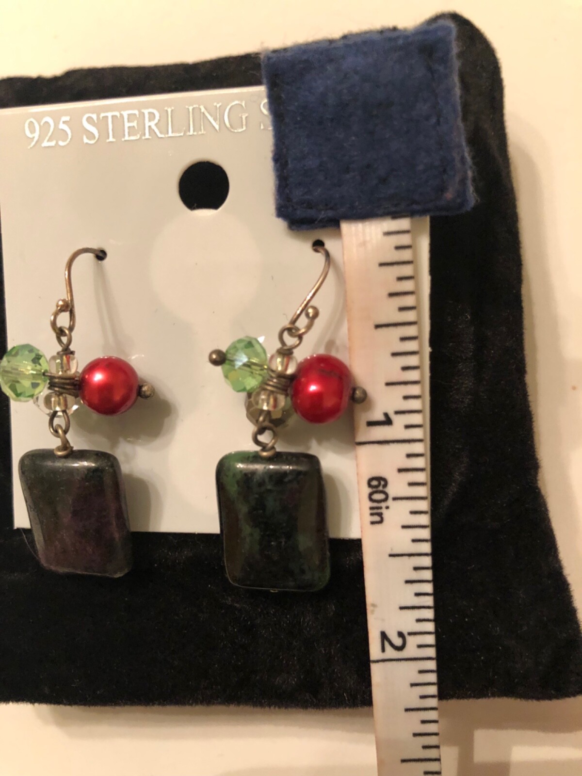 925 Sterling Silver Anyolite Stone with Crystal Bead Dangling Earrings Handmade