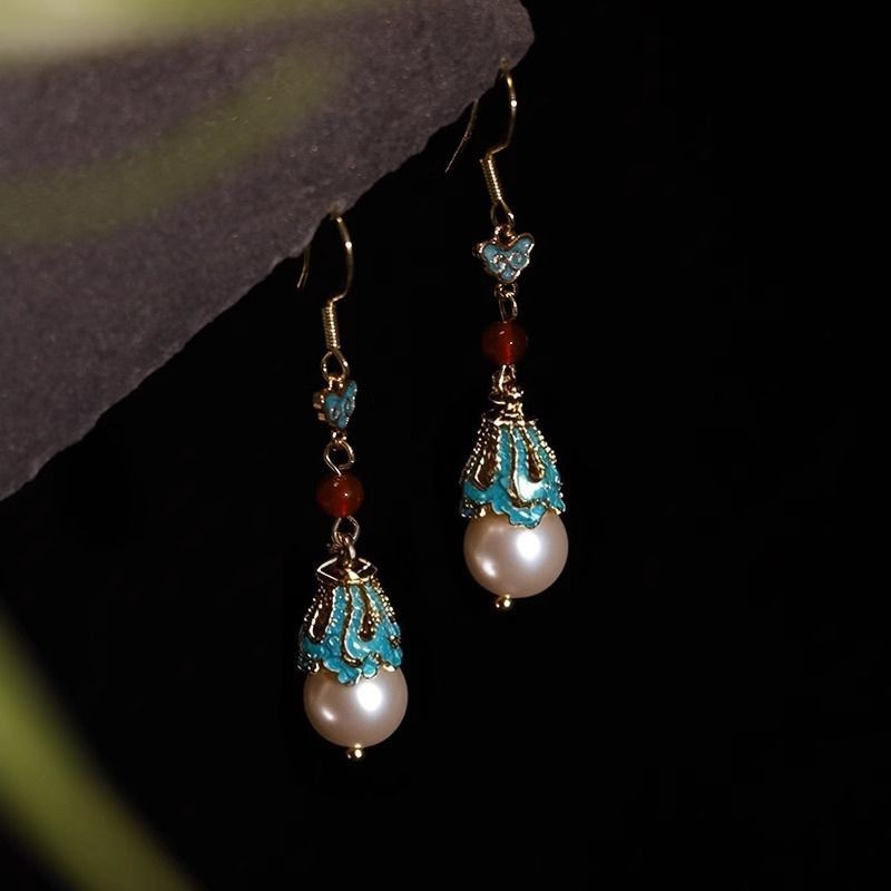 Chinese Style Enamel Red Pearl Dangle Earrings New Chinese Hanfu Jewelry
