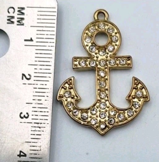Nautical Anchor Pendant Charm Clear Pave Set Rhinestone CZ Crystal Goldtone 35MM