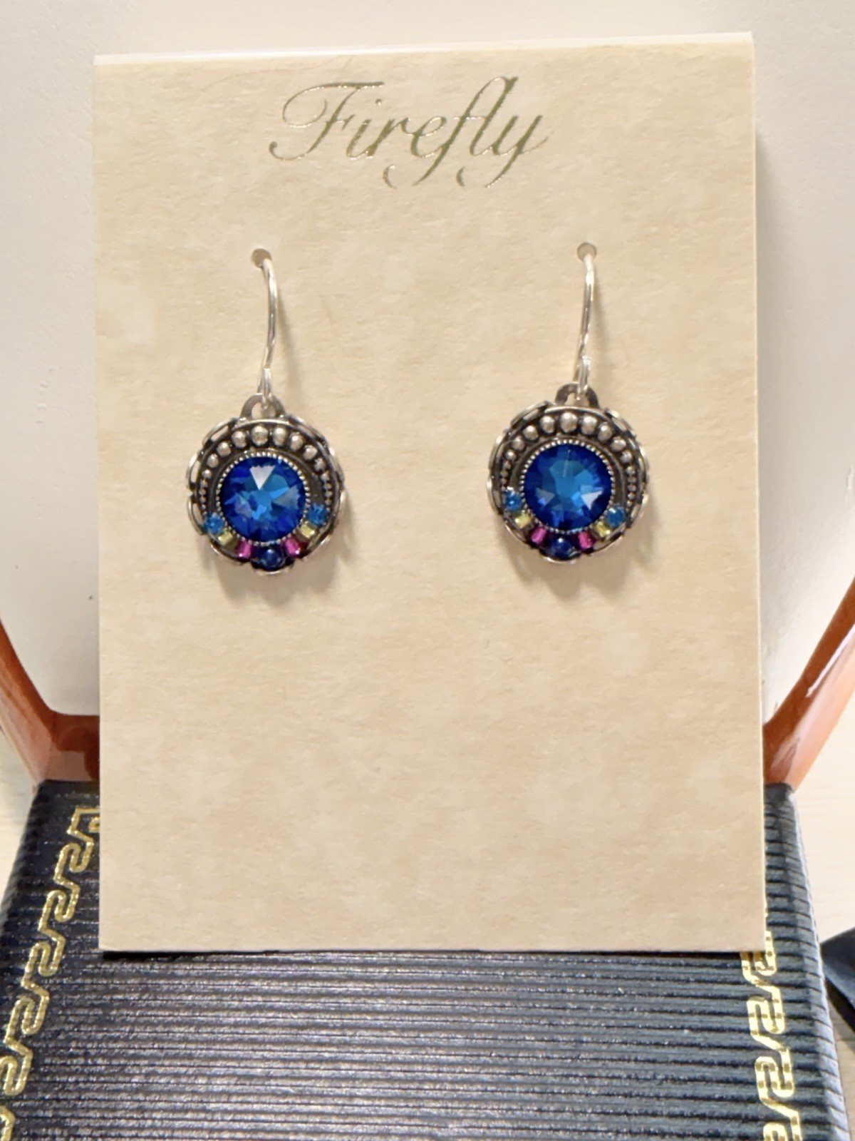 Bermuda Blue Crystal In Silver Frame Round FIREFLY PIERCED EARRINGS 7596-BB