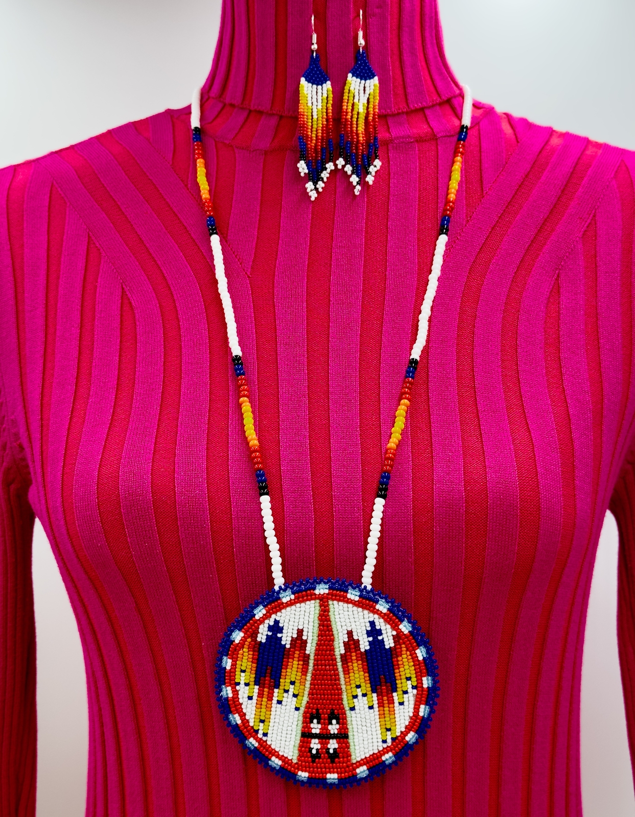 Handmade beaded White Deep blue medallion necklace earrings set