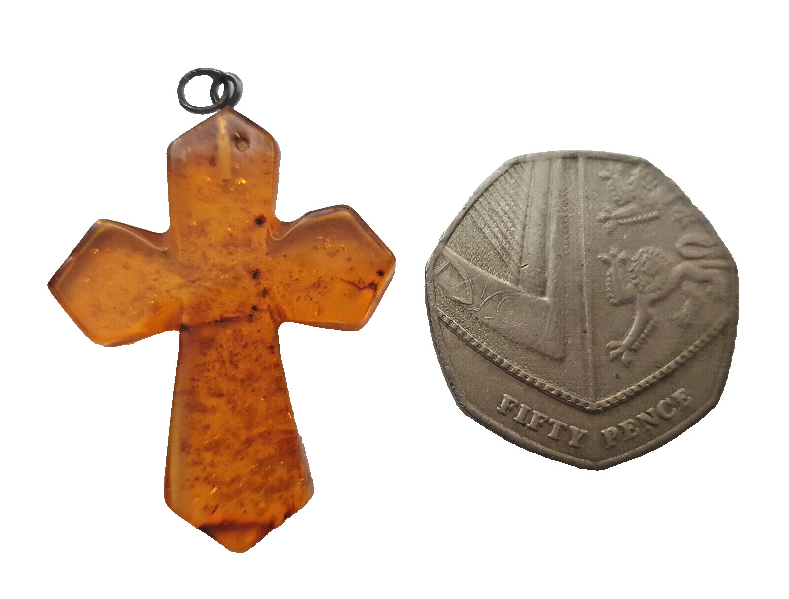 Artisan Amber Composite Silver Tone Cross Christian Religious Faith Pendant