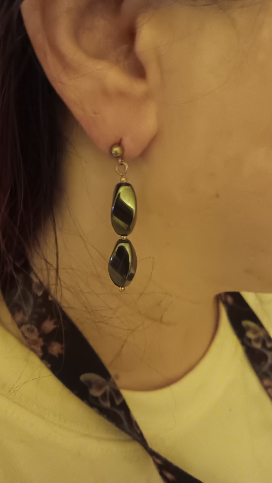 Vintage Sterling Silver Hematite Oval Black Stone Dangle Drop Earrings Pair,