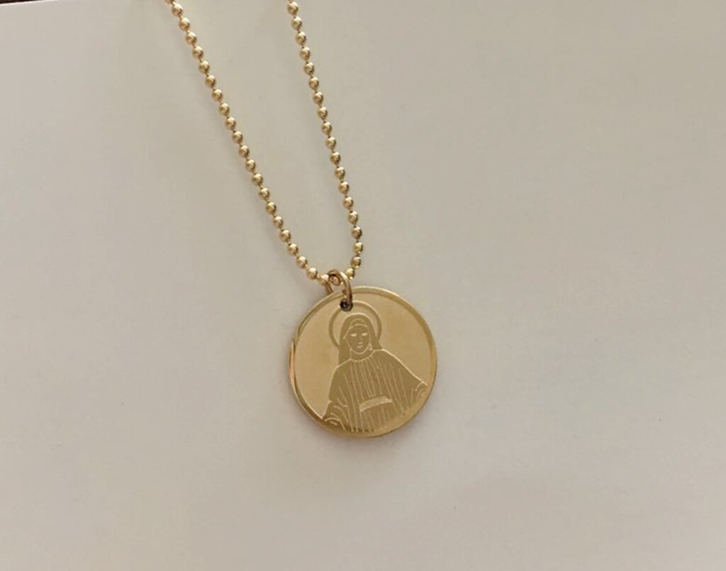 Women Girl Titanium Stainless Steel Our Lady of Mary Round Gold Coin Necklace
