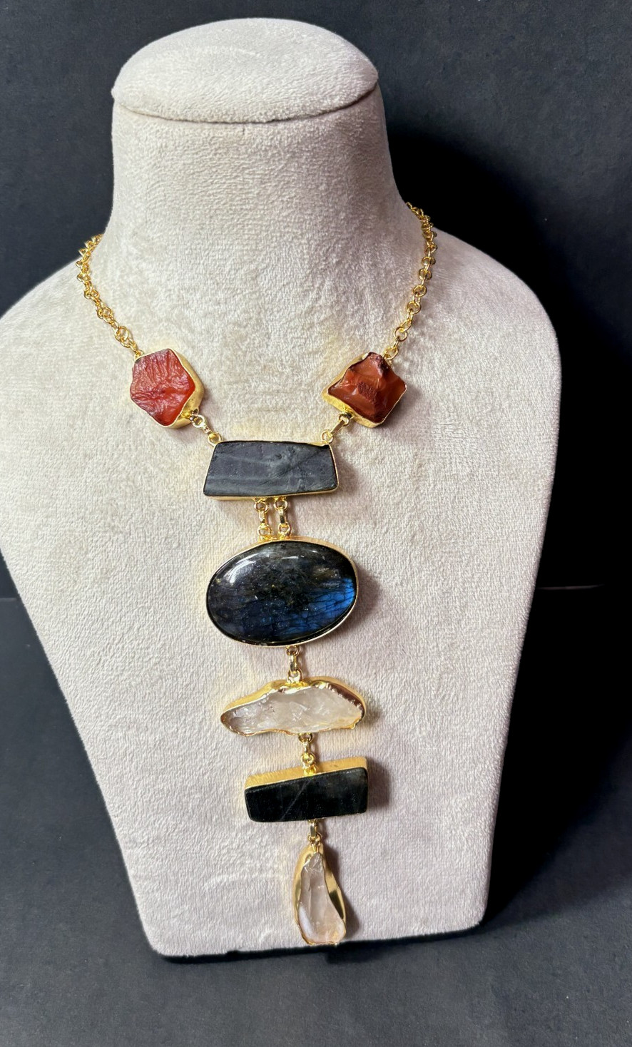 Multi Necklace carnelian Rough Labourdite Rough Necklace Long Jewelry.