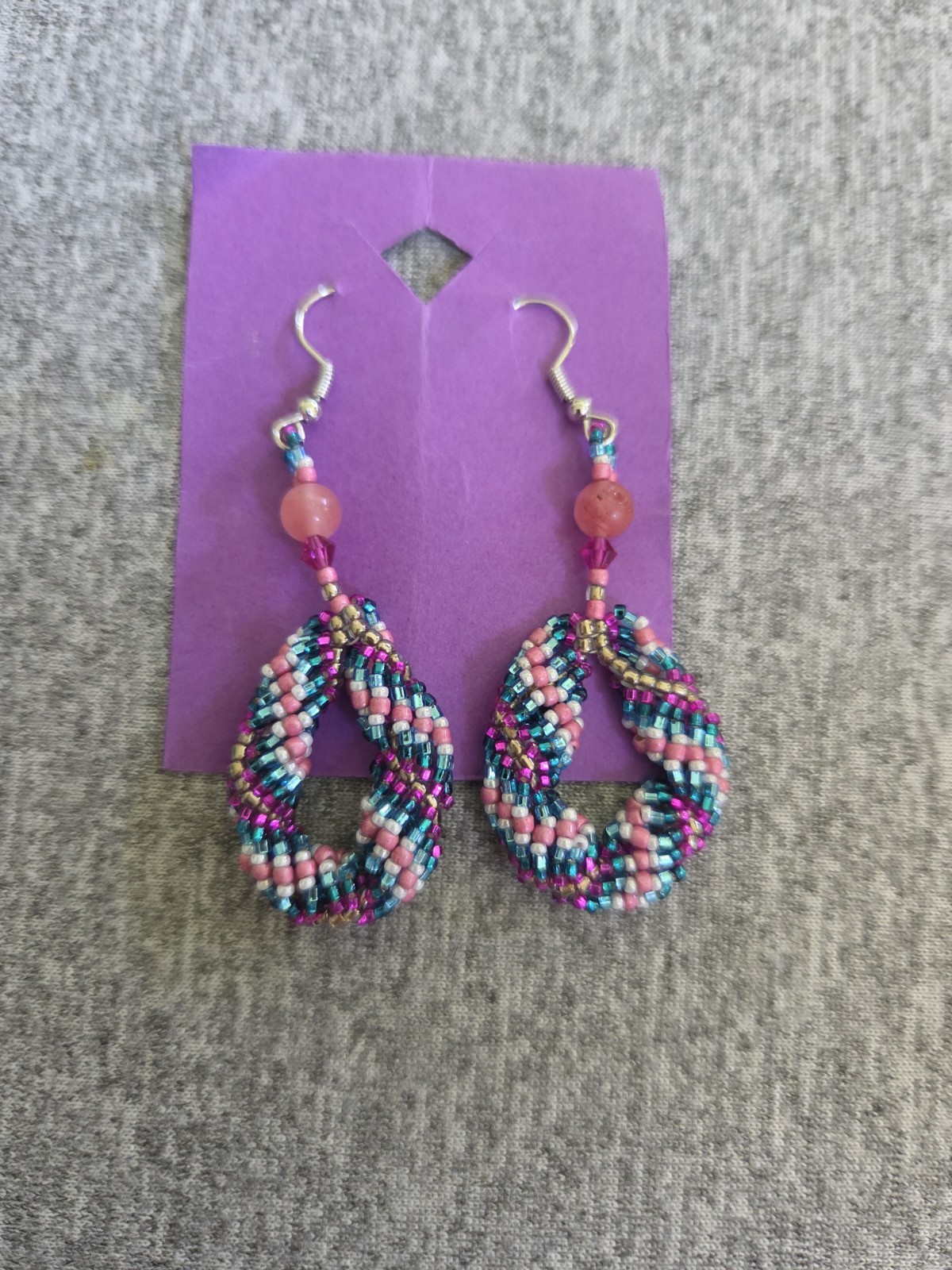 Prison Made Beaded Earrings DNA Strand Pink Teal White Purple