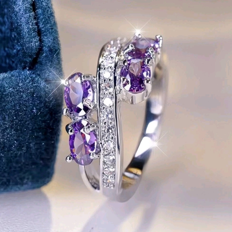 Silver Tone Band Ring with Oval Purple Amethyst and Crystal Accents Size 7