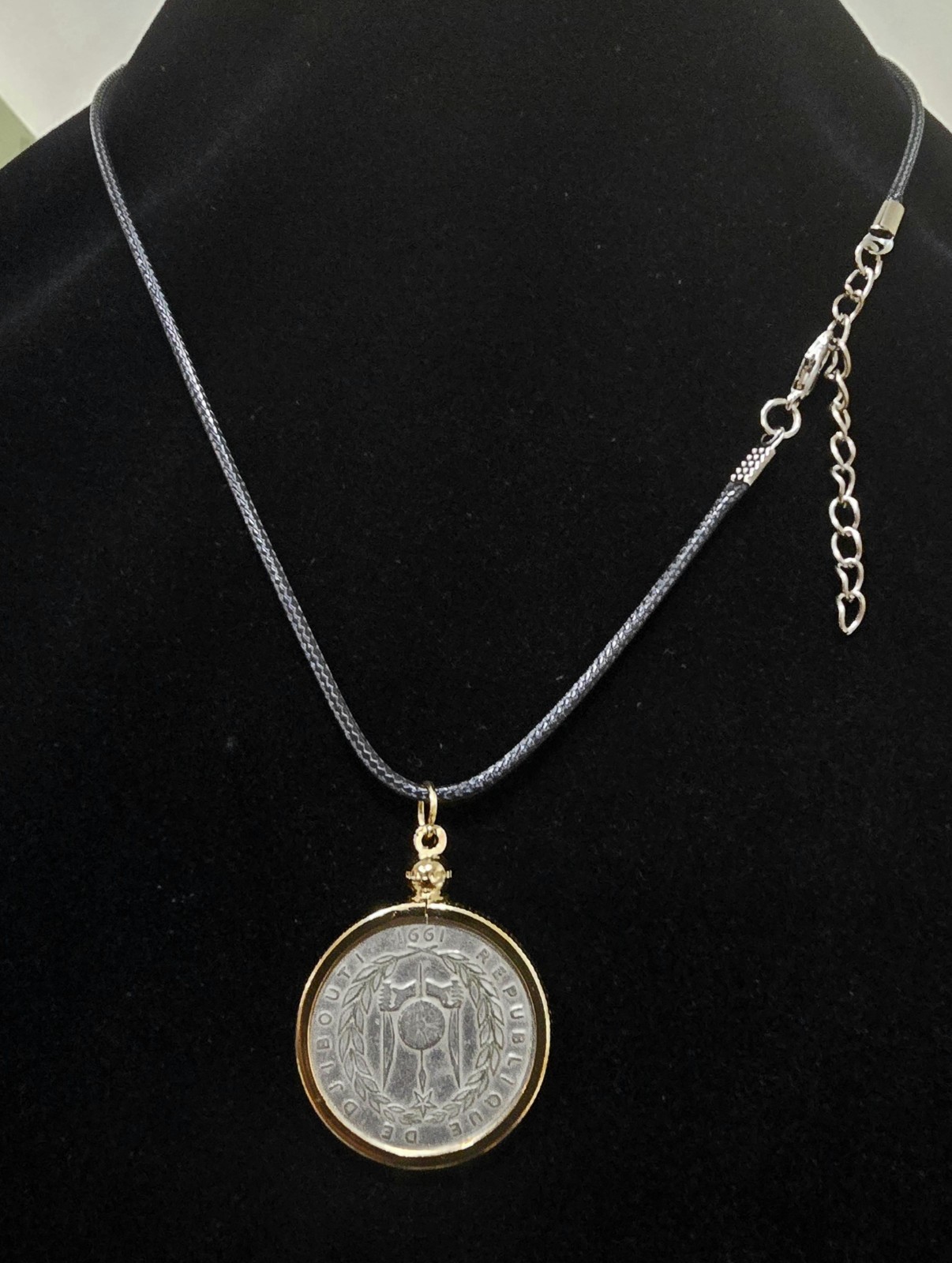 Coin Djibou 2007 Pendant Necklace Silver Tone With Black Cord Genuine Coin