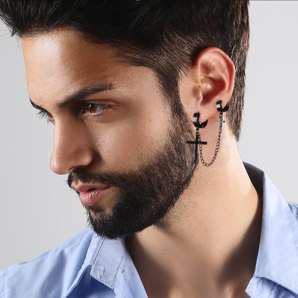 15 Pairs Punk Style Earrings Set for Women and Men, Black Stainless Steel Gothic