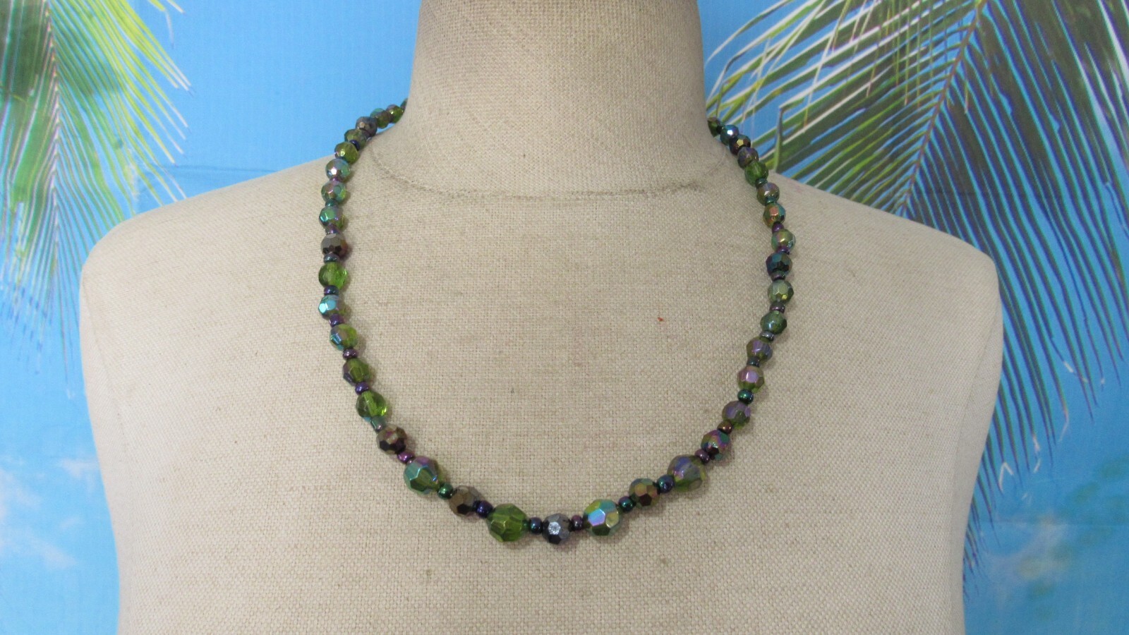 Necklace with a Strand of Green Based & Multicolor Small & Big Beads 23″