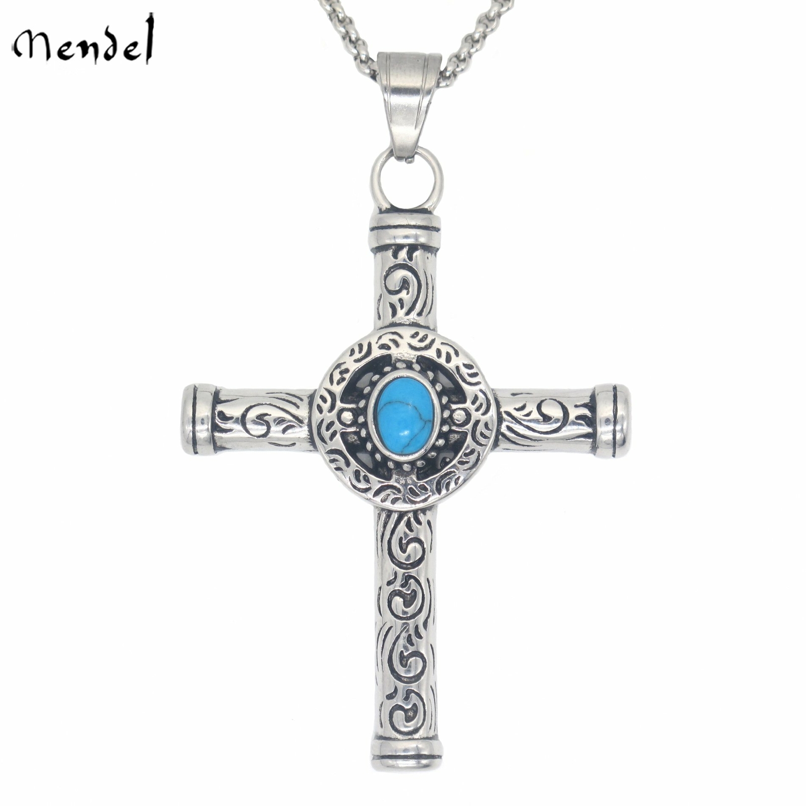 MENDEL Mens Celtic Norse Turquoise Cross Stainless Steel Necklace Gothic Pendant