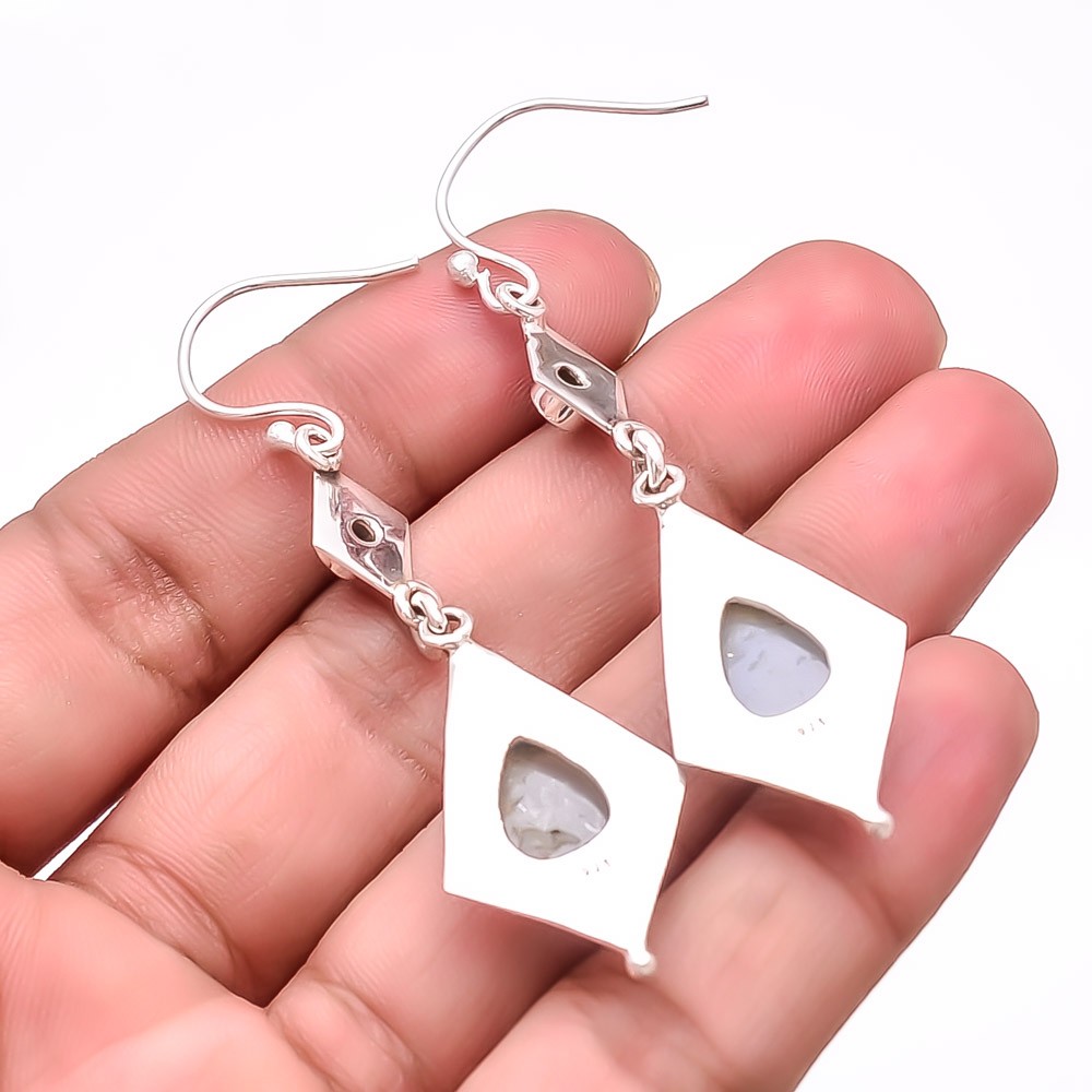 Silver Titanium Agate Drusy & White Topaz 925 Sterling Silver Earring 2.50″ Sk53