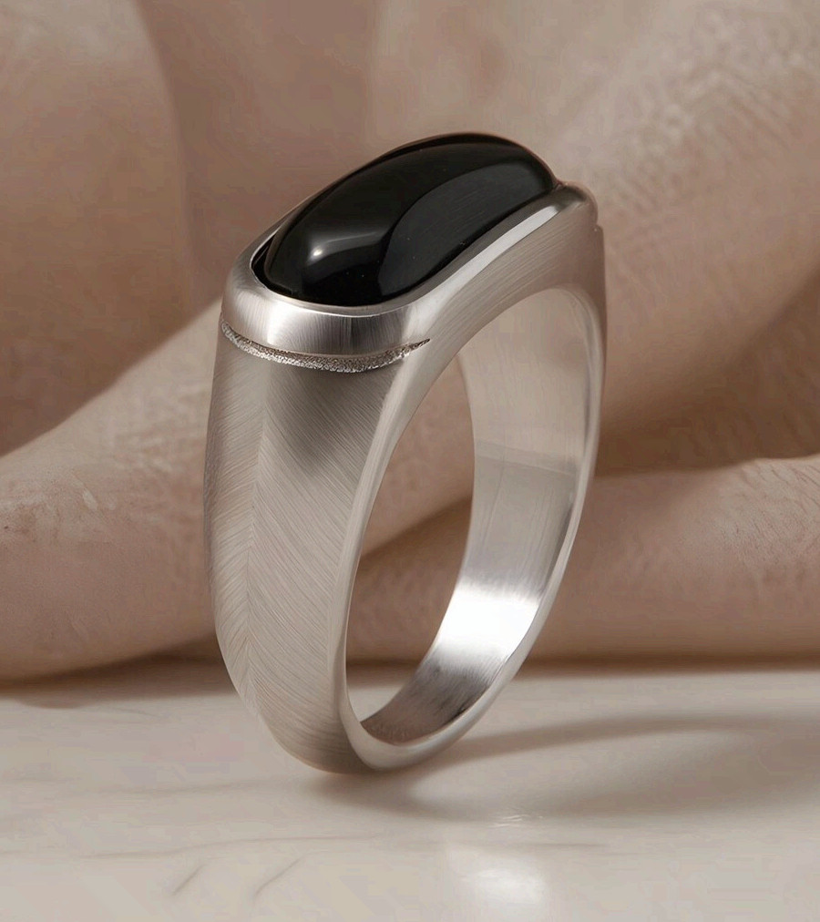 Surgical Steel Silver Fashion Ring Men Women Black Onyx Minimalist Band