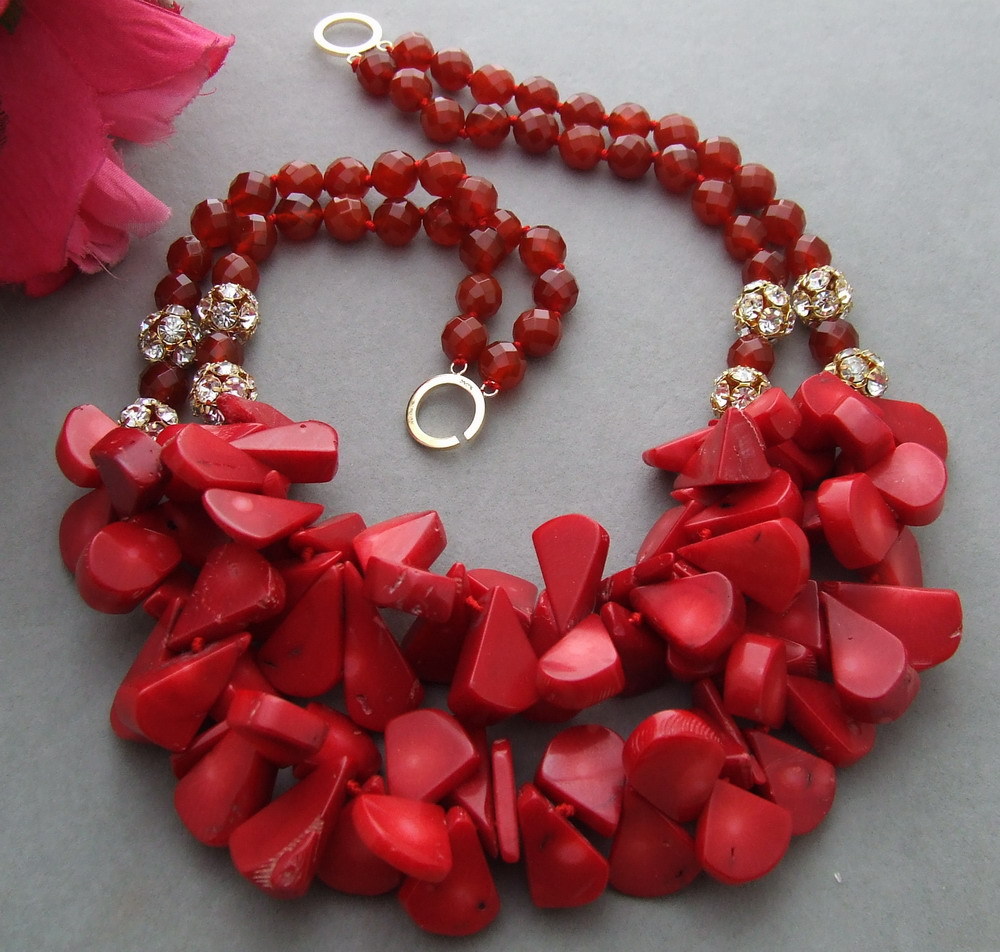 20″ 2 Strds Red Coral Agate Statement Necklace