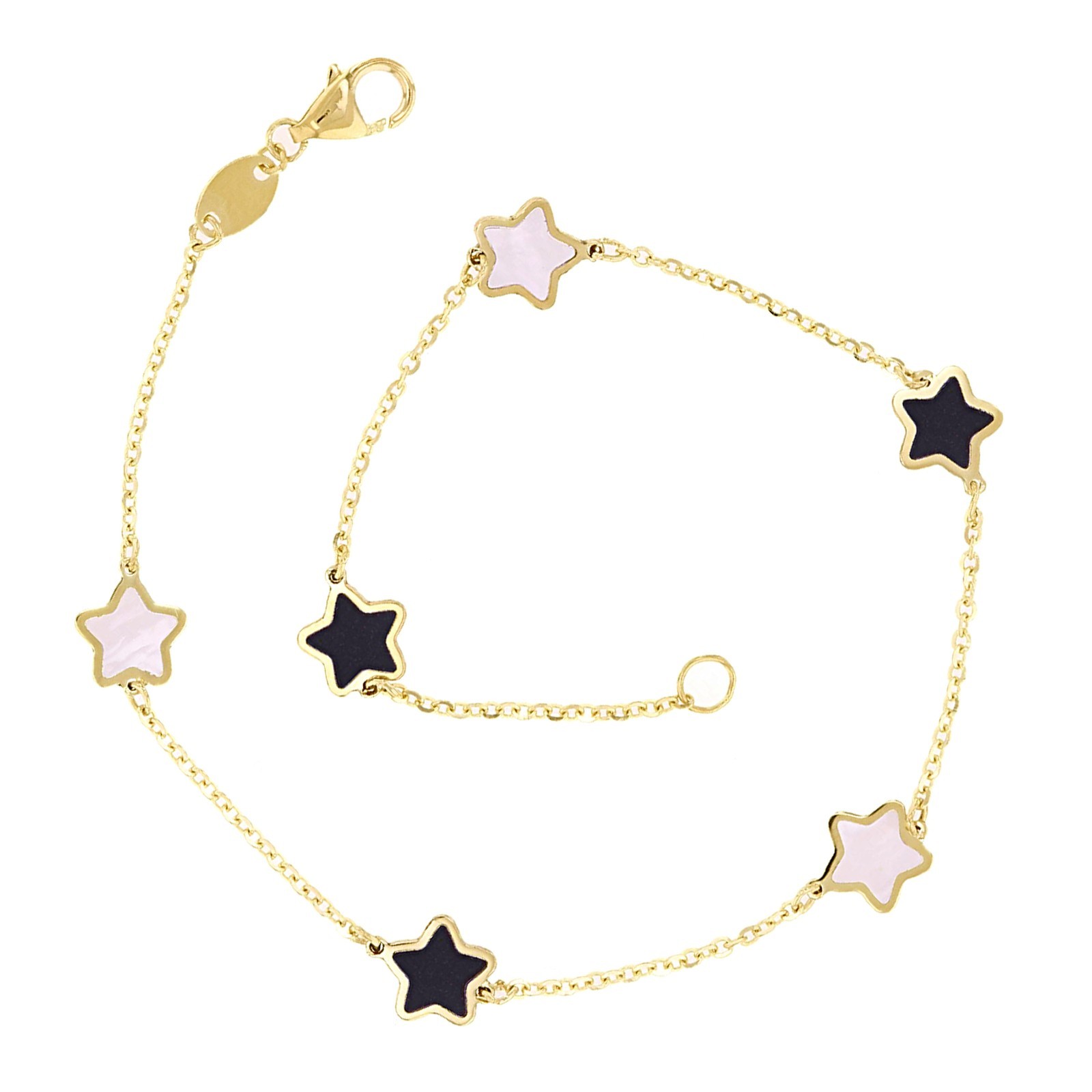 Italian 14k Yellow Gold Mother of Pearl & Onyx STAR Charm Bracelet 7.5″ 1.5 gram