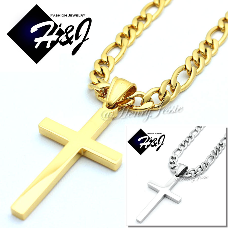18-36″Stainless Steel 5mm Silver/Gold Plated Figaro Link Chain Cross Pendant*SP
