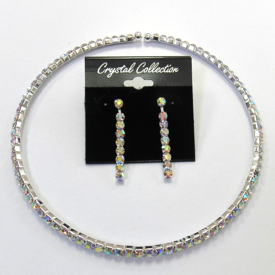 Silver Rhinestone Crystal Iridescent Flexible Choker Necklace Set Wedding Prom