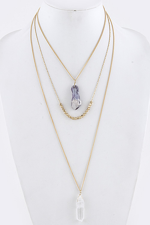 3 Layer Semi Precious Natural Stone Crystal Purple Gold Bead Necklace D9