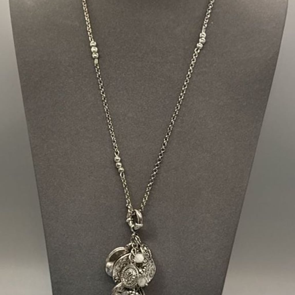 Premier Designs Retired Silver Tone Charm On LONG Necklace Lockets PD Vtg Style
