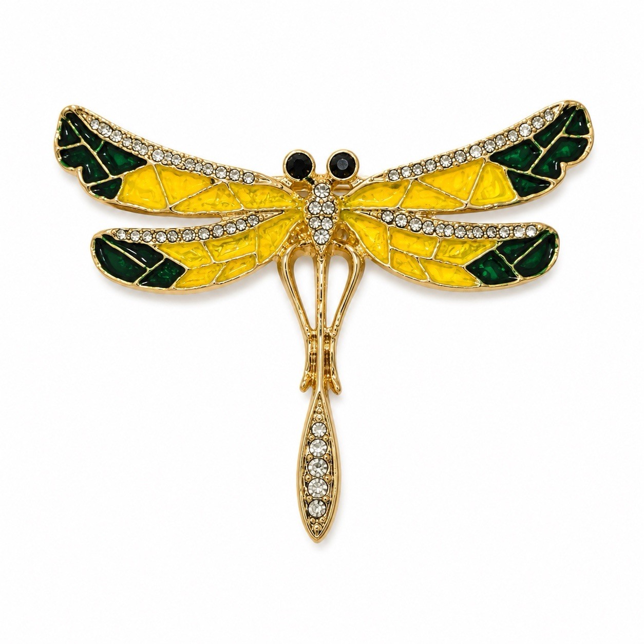 Dragonfly Green Yellow Enamel Reactive Brooch