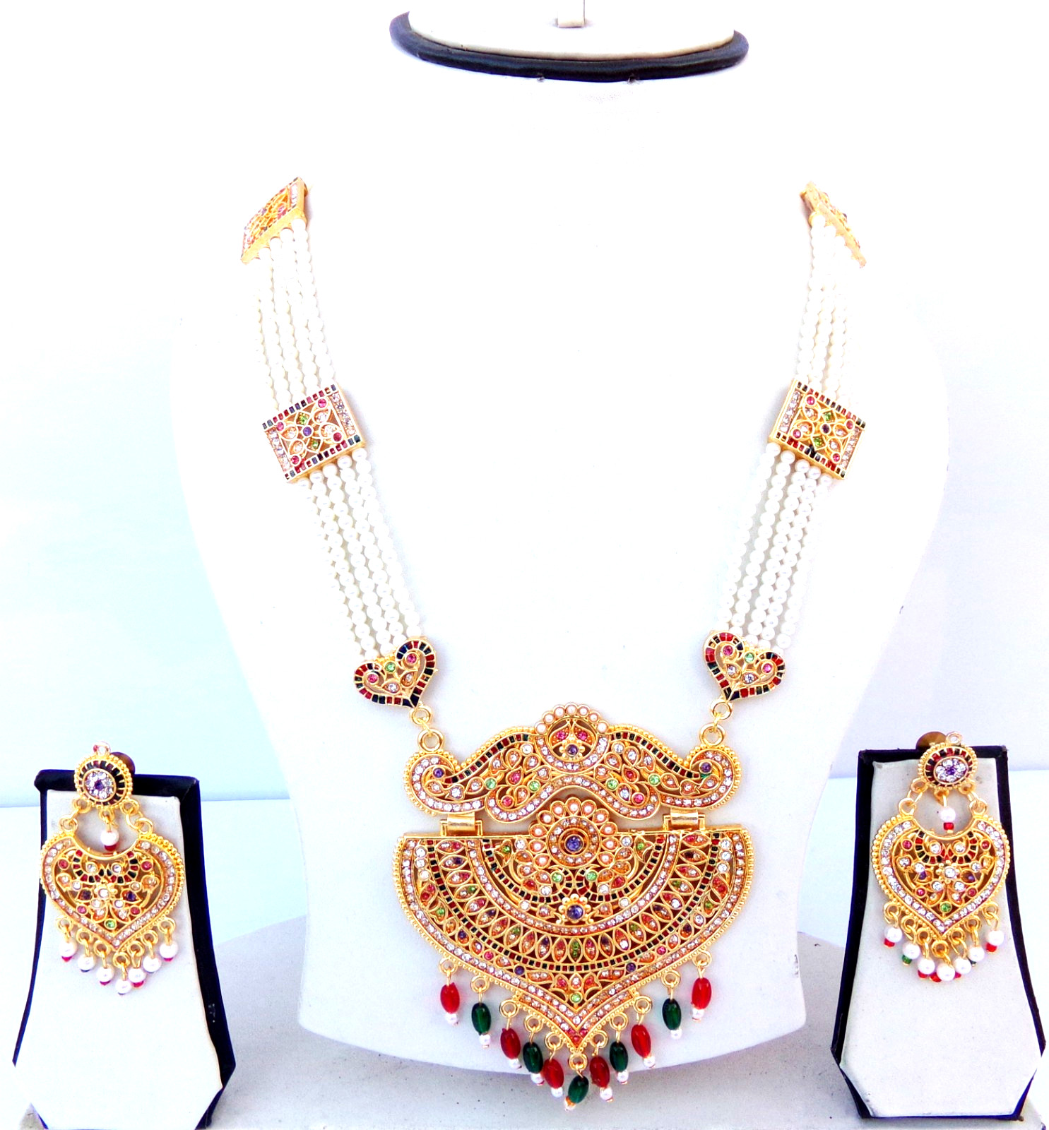 Bollywood Indian Gold Plated Pearl Fashion Long CZ Necklace Earring Jewelry Set