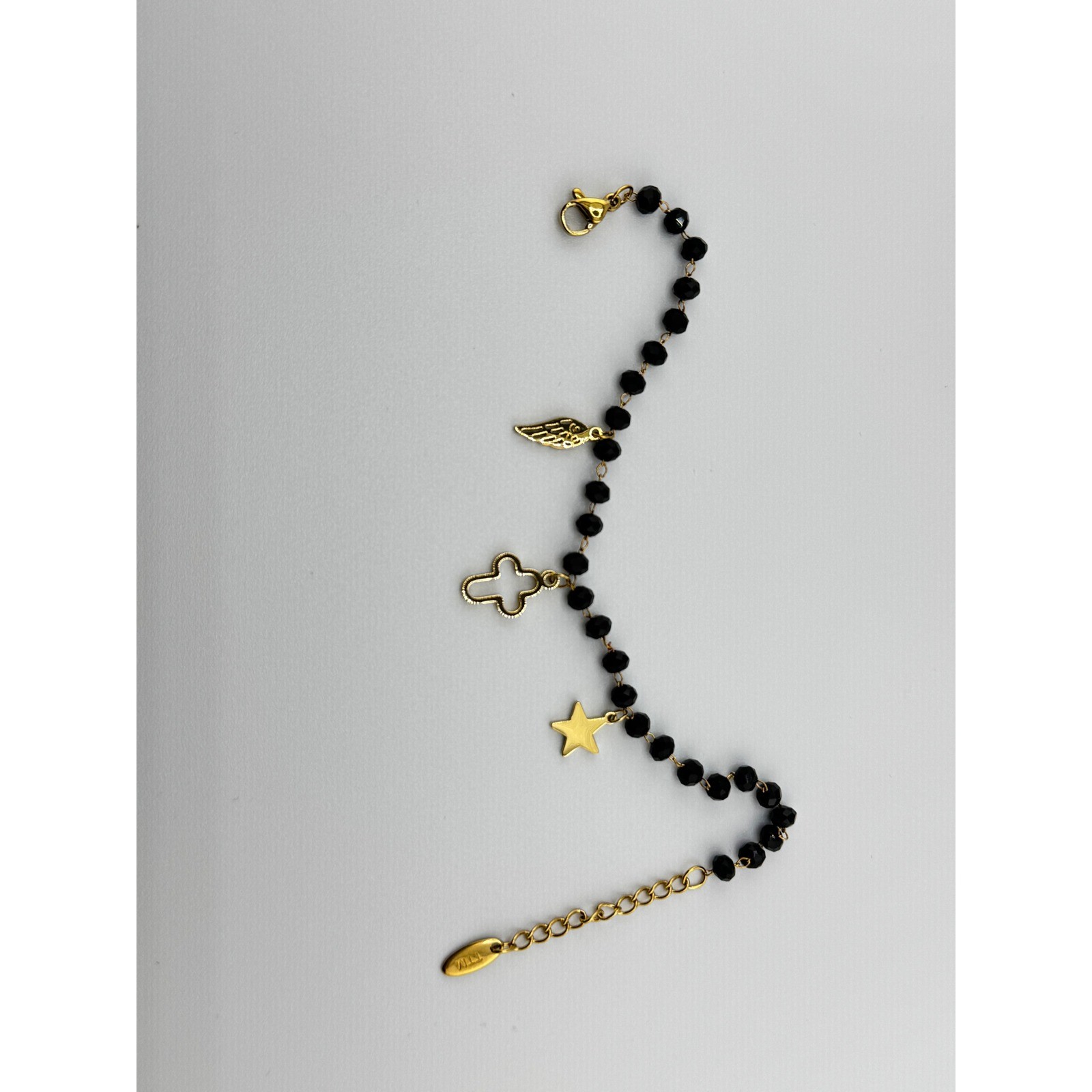 Black Beaded Charm Bracelet Gold Tone Wing Cross Star Jewelry Adjustable