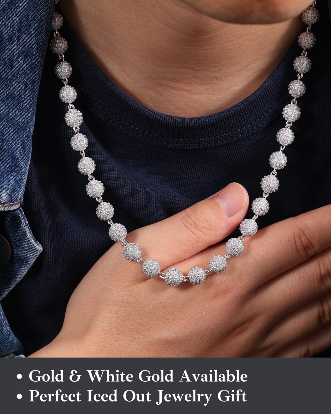 Iced Out 8mm Round Beaded Chain Necklace for Men & Women, Gold/White Gold Plated