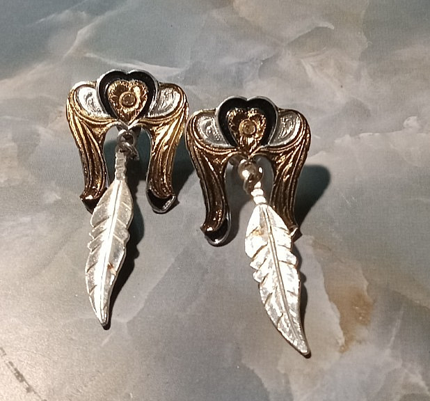 Silver color & Gold-Plated Black Enamel, Wings & Feather Southwestern Earrings