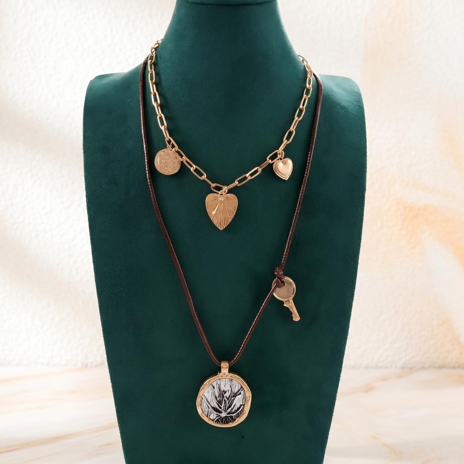 Layered Charm Necklace, Brown Cord, Tree Medallion, Key, Heart, Shell, Coin
