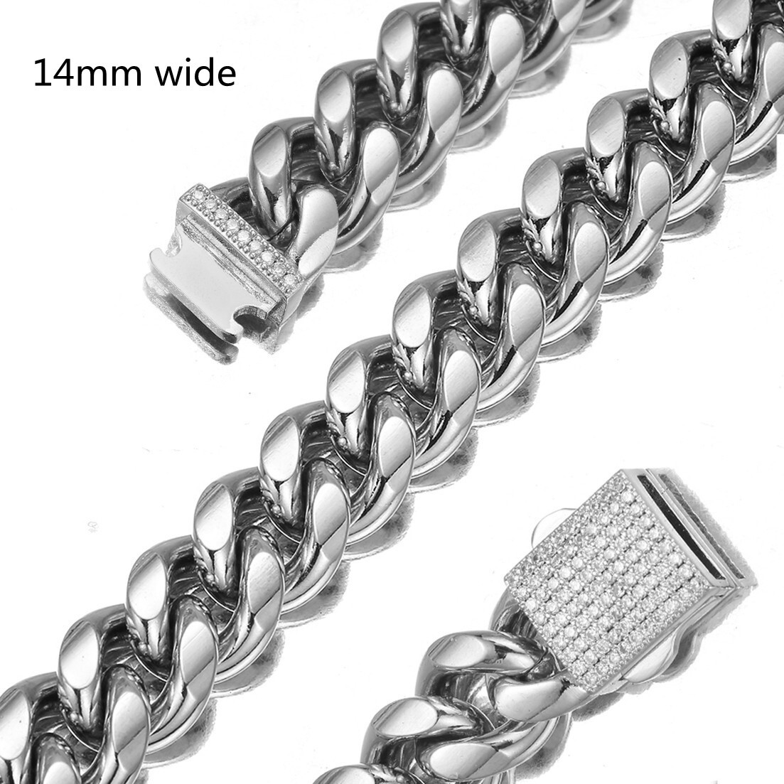 6-14mm Cuban Link Chain Necklace Stainless Steel Chain with CZ Clasp for Men