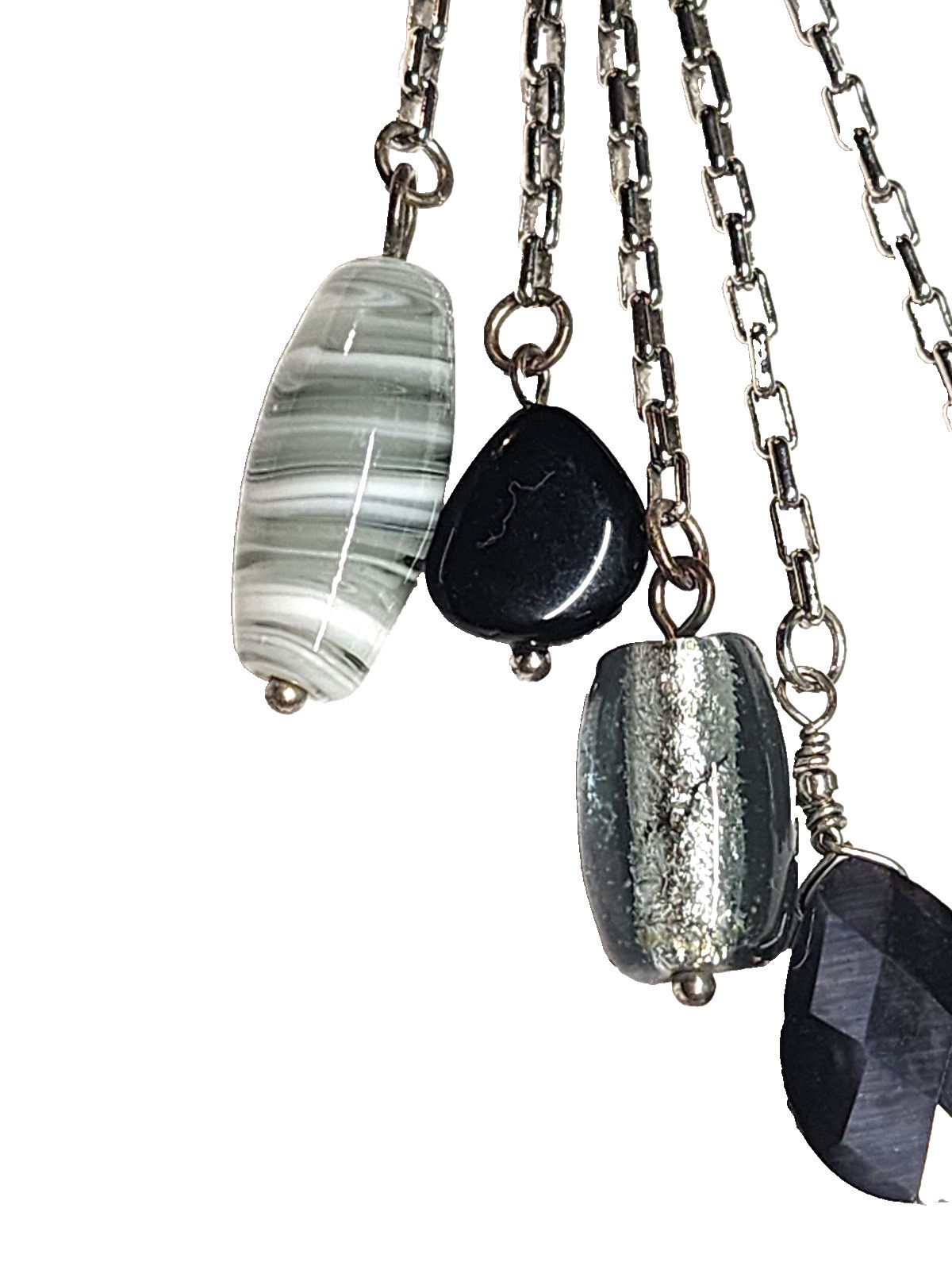 Black Gray Silver Tone Art Glass Bead Tassel Pendant Necklace 14″ Choker GUC